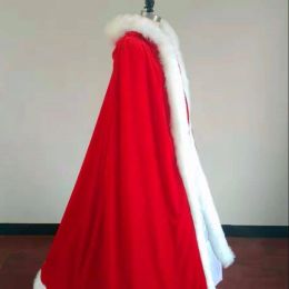 Plus Fleece Wedding Bridal Cape Velvet Warm Long Winter Poncho Womens Fur Trim Wedding Cloak White Red Black Wraps Hood Cape