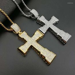 Pendant Necklaces Hip Hop Rhinestones Paved Bling Iced Out Gold Colour Stainless Steel Big Cross Pendants Necklace For Men Rapper Jewellery