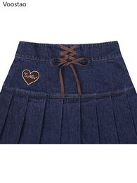 Cute Lolita High Waist Denim Skirt Korean Women Sweet Bow Lace-Up Heart Y2k Mini Pleated Skirts Girly Harajuku Gothic JK Skirts