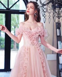 Party Dresses Off Shoulder Luxurious Flounce Tulle Pink Evening Banquet Prom Gown