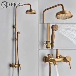 Antique Bathroom Shower Hot Cold Water Mixer System with Brass Handshower Rainfall Shower Wall-mounted