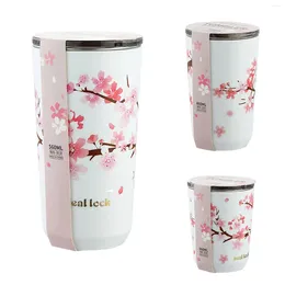 Mugs Stainless Steel Coffee Cup Cherry Blossom Pattern Thermal Mug With Lid Travel Milk Tea Leak-Proof Double Wall Water