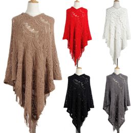 Women Hollow Out Crochet Sweater Cape Pullover Knit Shawl Scarf Tassel Poncho