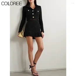 Work Dresses Runway Designer Sequined Knitted Sweater And Ruffles Mini Skirts Matching Sets Luxury Iwnter Clothes 2024 Autumn Winter