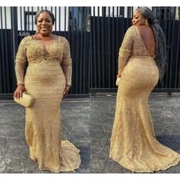 Gold Plus Size Evening Dresses Long Sleeves Appliqued Sexy Backless Scoop Neck Mermaid Illusion Custom Made Sweep Train Formal Prom Party Gown Vestidos 403 2024