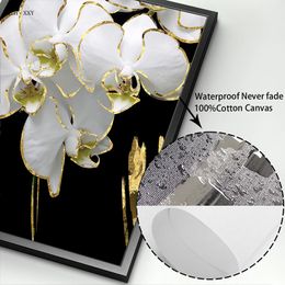 Luxury Plants White Flowers Golden Art Canvas Painting Prints HD Posters Beatuful Big Flowers Wall Art Mural for Living Room