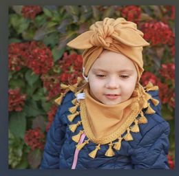 American Style Childrens Winter Soft Warm Hat And Tassel Scarf 2 Pieces Set Baby Girls Cute Rabbit Ear Cotton Turban Set6963804