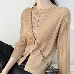 Spring Long Sleeve Vintage Buckle Miyak Pleated Jacket Women Casual Chinese Style Tops Ladies Elegant Solid Loose Outerwear