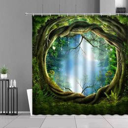 Landscape Waterfall Shower Curtain Tropical Jungle Plant Water Green Waterproof Curtains Nature Scenery Bathroom Decor Set Hooks
