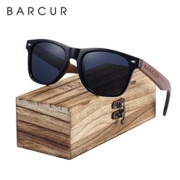 BARCUR Black Walnut Wood Sunglasses for Man Polarised High Quality Sqare Sun Glasses Men UV400 Eyewear Accessory Original Box 240410