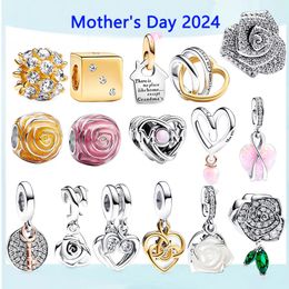 2024 New 925 Pure Silber White Rose Anhänger Muttertags Geschenk Liebe Charme für DIY -Frauenschmuck Armband kostenlose Lieferung