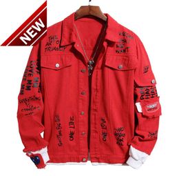 Men039s Patchwork Letters Printed Red Denim Jacket Loose Rose Painyed Turn Down Collar Jean Coat Outerwear5329511