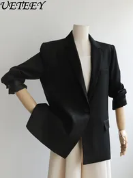 Women's Suits Fashion Design Black Long Sleeve Suit Jacket For Women 2024 Spring Elegant Ladies Casual One Button Straight Blazer Coat