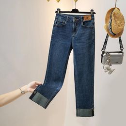 Frauen Jeans Manschetten Straight Woman High Taille Stretch Denimhose Weibliche Knöchellänge lässige Löcher Pantalones Mujer 2024 Herbst