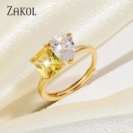 Cluster Rings ZAKOL Trendy Yellow Squrae Zircon For Women Geometric Water Drop Adjustable Gold Colour Ring Bridal Wedding Jewellery