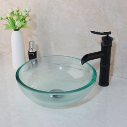 KEMAIDI 4 Color Washbasin Bathroom Glass Wash Basin Sink Brown Lavatory Sink Combine Set ORB Waterfall Mixer Tap Faucet