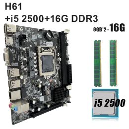 Motherboards H61 Motherboard gaming kit with core 16GB DDR3 1600MHZ Plate placa mae LGA 1155 with Core I5 2500 processor 3.3GHz