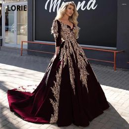 Party Dresses LORIE Ball Gown Formal Burgundy Evening Gold Lace Appliqued Dubai Arabic Celebrity V Neck Long Sleeve Pageant Prom Gowns