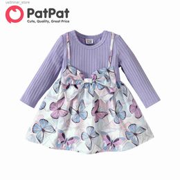 Girl's Dresses Party Dress New Born Baby Girl Clothes Newborn Solid Rib Knit Spliced Allover Butterfly Print Bow Front Long-sleeve Dress L47