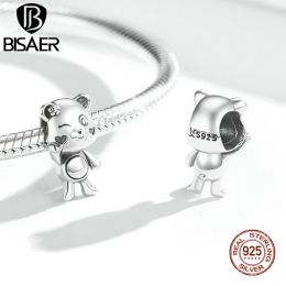 BISAER 925 Sterling Silver Animal Charm Cute Cat Koala Bear Panda Fox Hedgehog Peacock Pendant For Women DIY Bracelets Jewellery