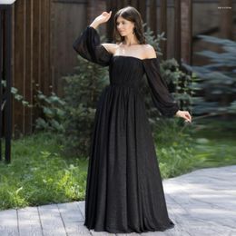 Party Dresses Boat Neck Black Evening 2024 With Puff Long Sleeves Sexy Pleated A-Line Floor Length Backless Formal Prom Gowns