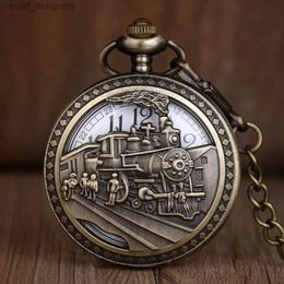 Pocket Watches Antique Skeleton Pocket es Men Women Fashion Quartz Clock Bronze Train Design Alloy Pocket With Chain Necklace Y240410