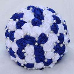 POP NEW Royal Blue White Colour Pearls Beaded Bridal Wedding Bouquets Simple Durable Half Ball Bow Stitch Holding Flowers W322-5