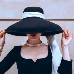 fashion streetstyle black wide brim wool bucket hat female vintage big for women looks like Audrey Hepburn 240410