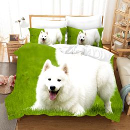 Dog Duvet Cover Set King/Queen Size,lovely White Samoyed Pattern Polyester Bedding Set for Kids Boys Girls,with 1/2 Pillowcases