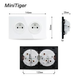 Minitiger Luxurious Black Aluminium Panel 16A Double French Standard Wall Power Socket Grounded With Child Protective Lock