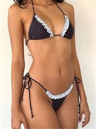 Women's Swimwear CHRONSTYLE Lace Patchwork Bikinis Set Women Sexy Sleeveless Halter Tie-up Backless Bra With Thongs Dot Print Beachwear