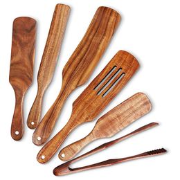 6 Pcs Wooden Spurtle Set Teak Spurtle Set Heat Resistant Wooden Spatula Cooking Utensils Set Non-Stick Spoons