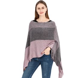 2022 New Autumn Winter Knitted Shawl Women's Spring Multipurpose Pullover Cape Warm Tassel Cape Lady Stripe Ponchos Black