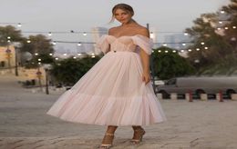 Blush Pink Short Prom Dresses 2021 Off Shoulder Tiered Skirt ALine Party Dress Pleated TeaLength Tulle Formal Gowns3041129