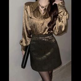 Women designer high waist a-line gold Colour letter print short skirt SMLXL