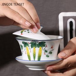 Chinese Hand Painted Ceramic Gaiwan Teacup handmade Tea tureen Teaware Accessories Household Drinkware Personal Single Cup 240ml