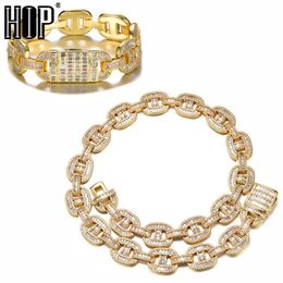 Hip Hop Iced Out Miami Baguette 16MM Big Box Clasp Cuban Necklaces Plated Cubic Zirconia Necklaces Bracelets For Men's Jewelr276F