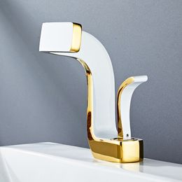 Bathroom Faucets Gold And White Brass Bathroom Basin Faucet Cold And Hot Water Mixer Sink Taps Deck Mounted Bathroom Sink Faucet
