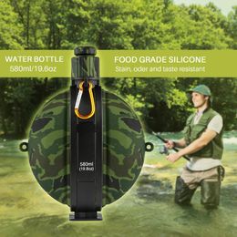 580ML Collapsible Military Water Bottle FDA Food Grade Silicone Water Kettle Canteen with Compass Bottle Cap for Hiking Camping