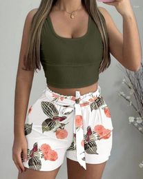 Women's Tracksuits Fashion Crop U-Neck Tank Top & Vintage Tropical Print Shorts Set 2024 Summer Female Vacation Casual Short Pants Sets