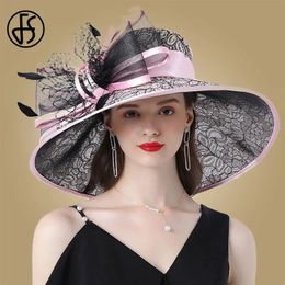 FS Pink Wide Brim Hats Hat For Women Elegant Church Purpe Big Feather Fedora Ladies Wedding Tea Party 240410