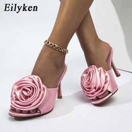 Eilyken Summer Fashion Silk Flower Peep Toe High Heels Slipper Stripper Slip On Mule Slides Women Party Sexy Sandal Shoes 240329