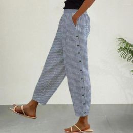 Women's Pants Loose Straight Leg Striped Print Fit With Side Buttons Pockets For Women Mid-rise Elastic Waistband Summer