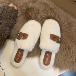 Mules For Women 2023 Female Shoes Slippers Flat Slides Low Cover Toe Fur Flip Flops Winter Footwear Flock New Massage Plush Basi