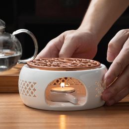Round Ceramic Teapot Warmer Tealight Furnace with Candle Tray Heater Trivet Dish Cup Heat Pot for Heating Coffee Milk or Tea