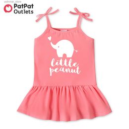 Girl's Dresses Infant Newborn Summer Baby Clothes Girl 95% Cotton Elephant Letter Print Pink Pleated Cami Casual Beach Dress L47