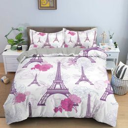 Paris Tower King Queen Duvet Cover Famous Buildings In France Bedding Set for Adults Pink Romantic 2/3pcs Polyester Quilt Cover