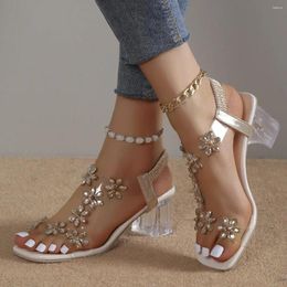 Sandals Rhinestone Transparent Heel For Women Summer High Heels 6cm Square Open Toe Woman Wedding Dress Shoes 42