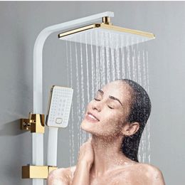 Bathroom Shower Faucet White Gold Digital Bathroom Shower Mixer Set Luxury Thermostatic Shower System Rainfall Shower Head