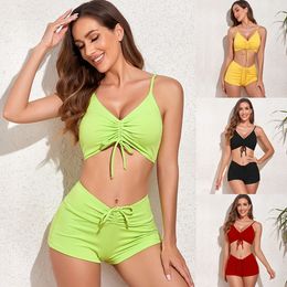 Echoine Solid Colour Mid-Waist Bikini Sets Swimsuit Women Sexy Lace Up Two Pieces Separate Swimwear 2022 New Beach Bathing Suit